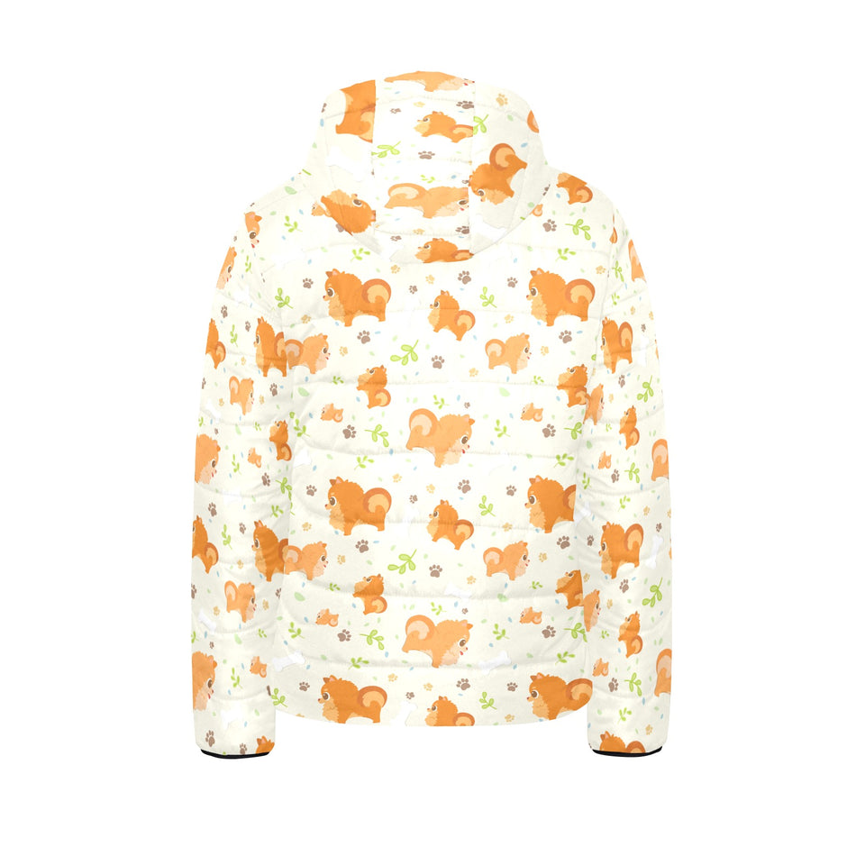 Cute brown pomeranian paw leave bone pattern Kids' Boys' Girls' Padded Hooded Jacket