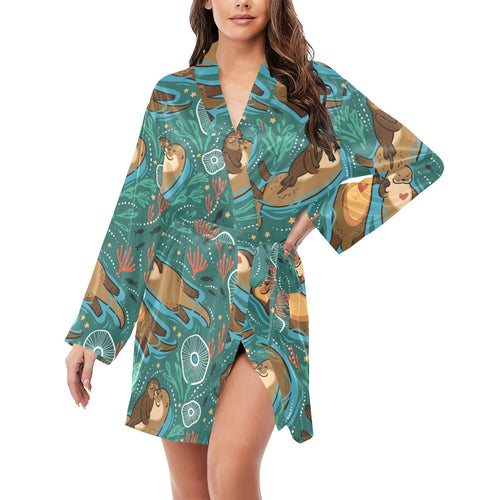cute brown sea otters ornamental seaweed corals gr Women's Long Sleeve Belted Night Robe