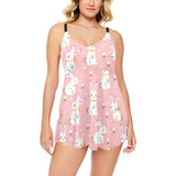 Cute white rabbit flower pink background Chest Sexy Pleated Two Piece Swim Dress