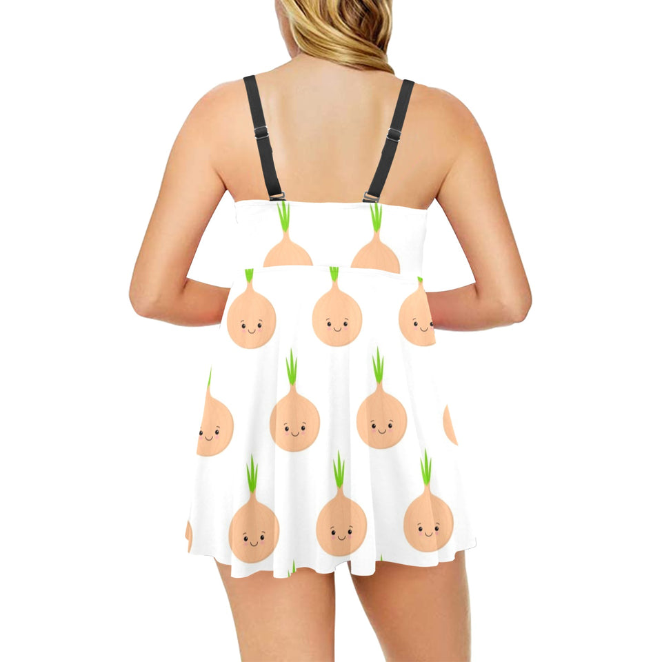 cute onions smiling faces Chest Sexy Pleated Two Piece Swim Dress