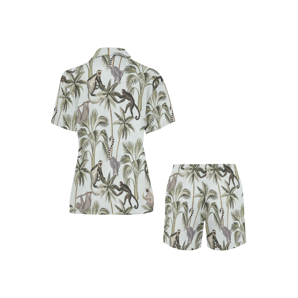 Monkey sloth lemur palm trees pattern Women's V-Neck Short Pajama Set