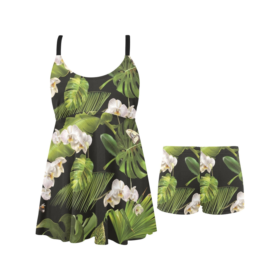 White orchid flower tropical leaves pattern blackg Chest Sexy Pleated Two Piece Swim Dress