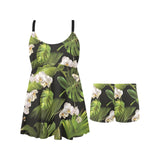 White orchid flower tropical leaves pattern blackg Chest Sexy Pleated Two Piece Swim Dress
