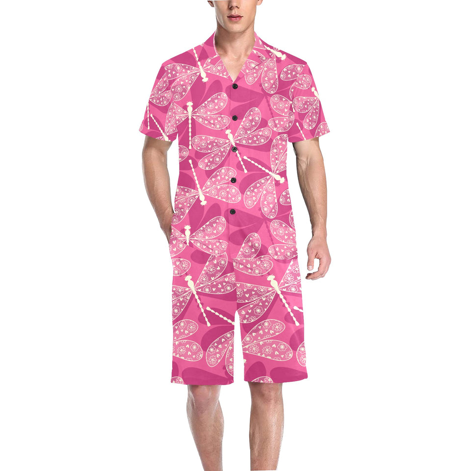 Beautiful dragonfly pink background Men's V-Neck Short Pajama Set