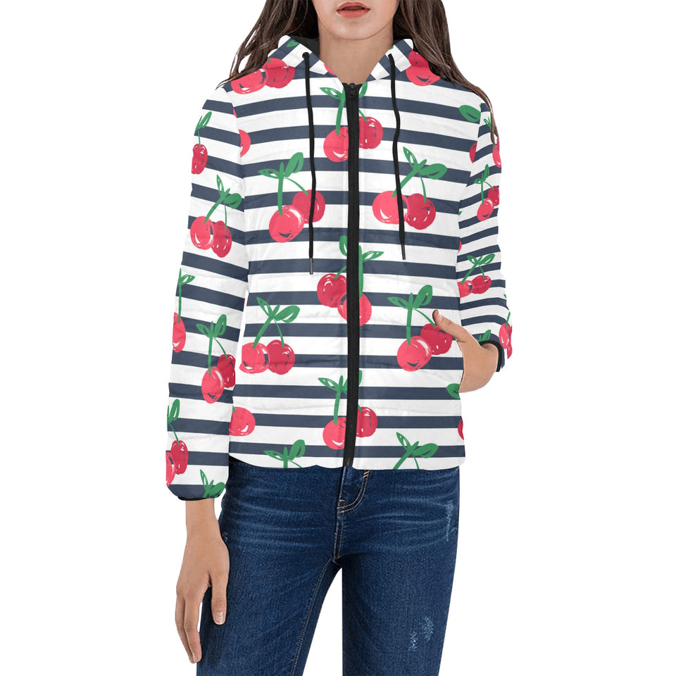 Hand drawn cherry pattern striped background Women's Padded Hooded Jacket