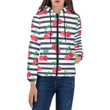 Hand drawn cherry pattern striped background Women's Padded Hooded Jacket