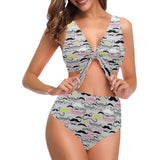 Mustache Beard Pattern Print Design 02 Chest Bowknot High Waisted Bikini Swimsuit