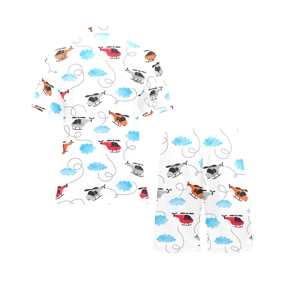 Watercolor helicopter cloud pattern Men's V-Neck Short Pajama Set