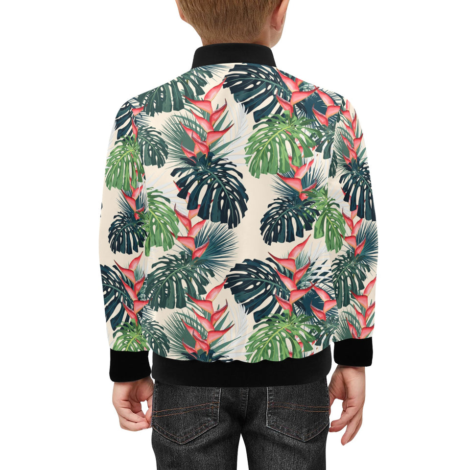 heliconia flowers, palm and monstera leaves Kids' Boys' Girls' Bomber Jacket