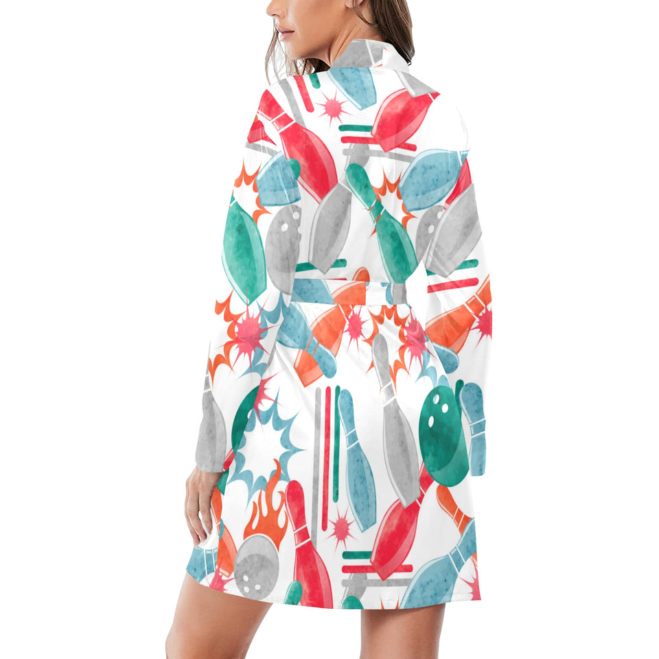 Watercolor bowling pattern Women's Long Sleeve Belted Night Robe