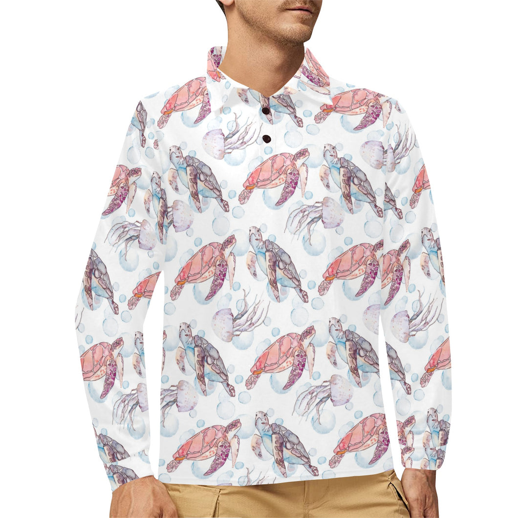 Watercolor sea turtle jellyfish pattern Men's Long Sleeve Polo Shirt