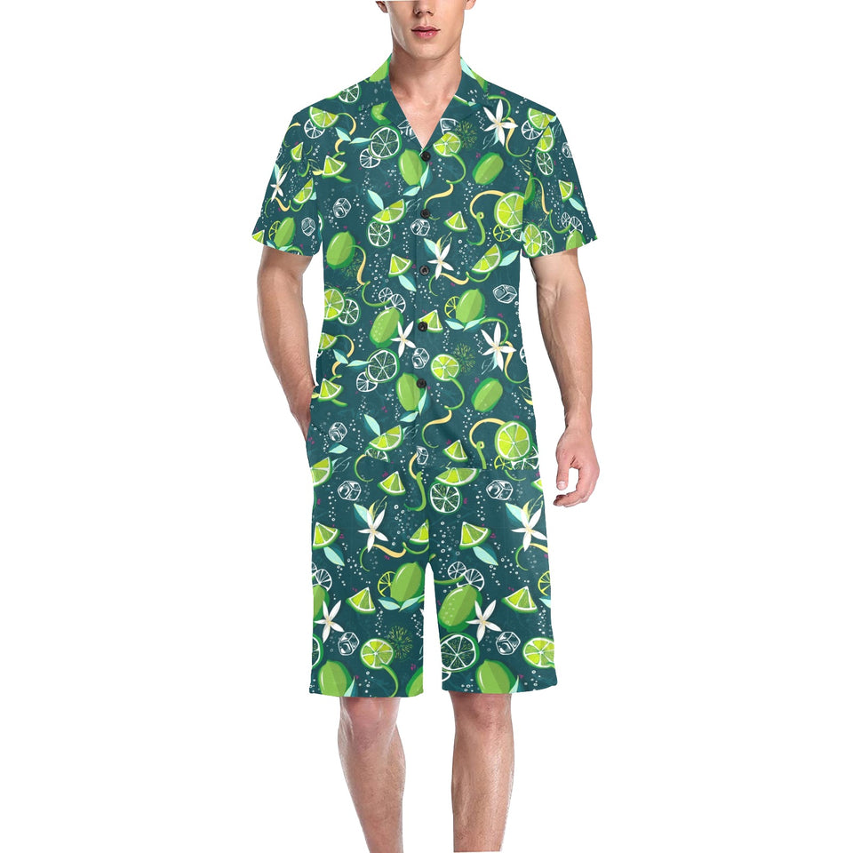 Lime ice flower pattern Men's V-Neck Short Pajama Set