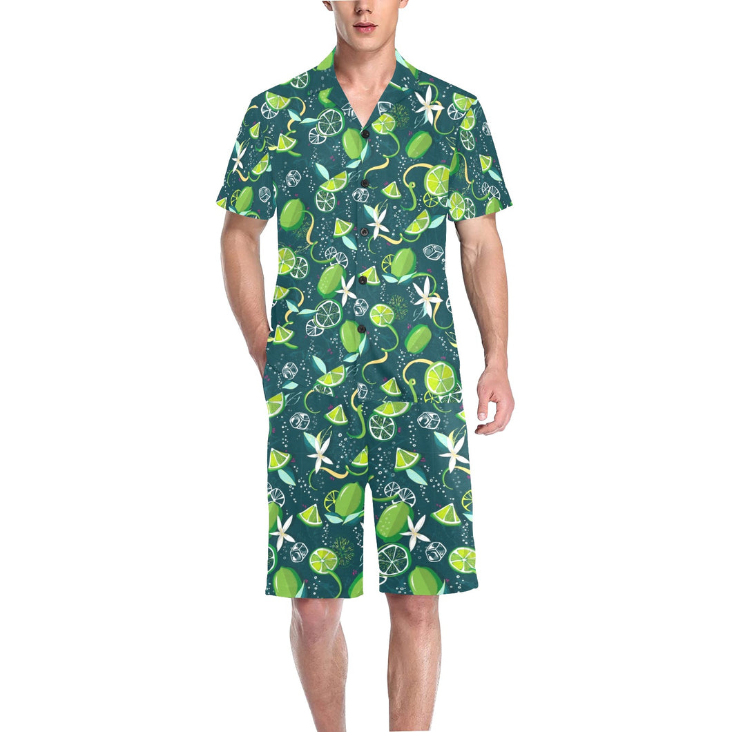 Lime ice flower pattern Men's V-Neck Short Pajama Set