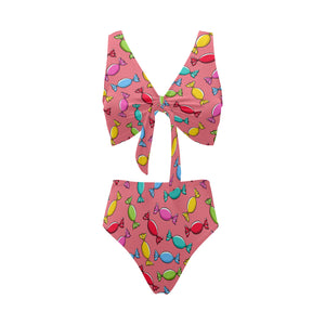 Colorful wrapped candy pattern Chest Bowknot High Waisted Bikini Swimsuit