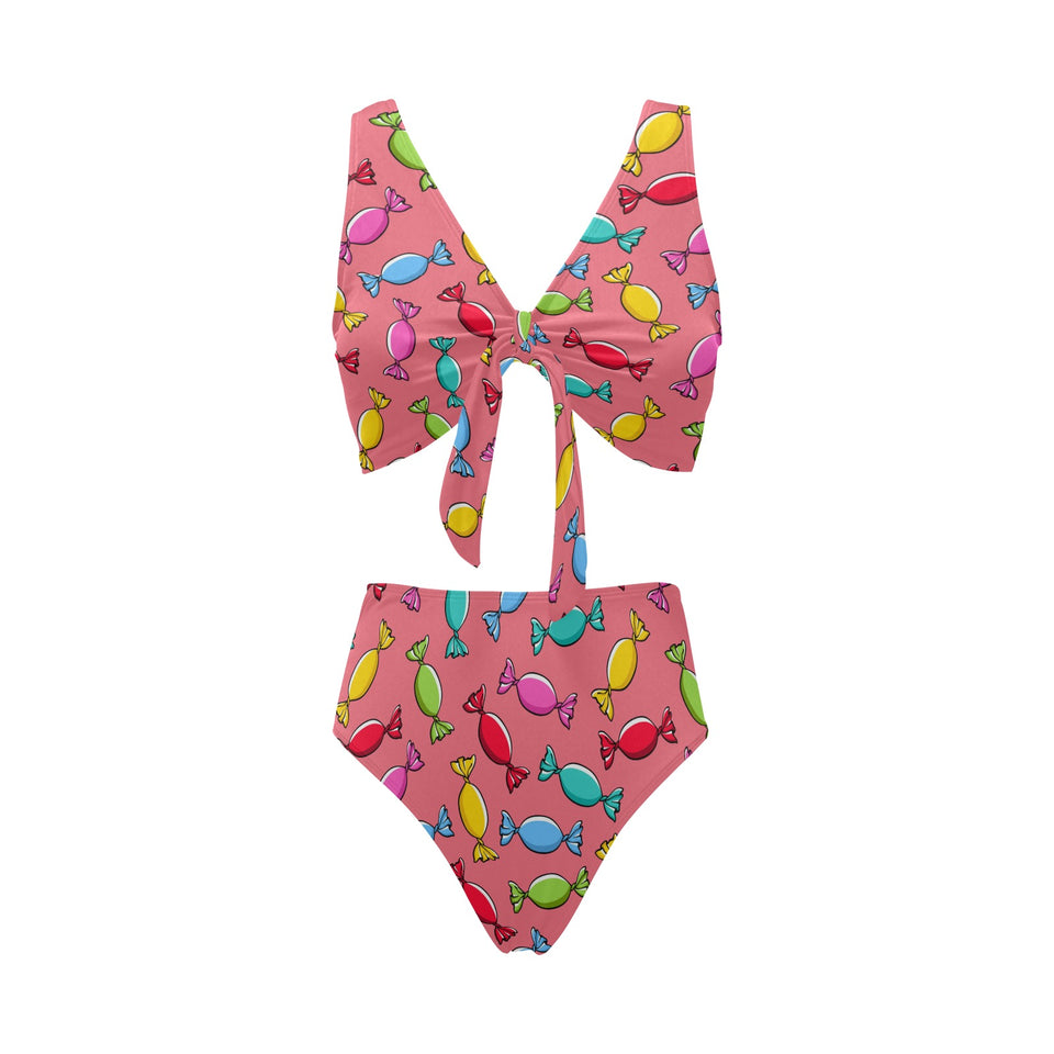 Colorful wrapped candy pattern Chest Bowknot High Waisted Bikini Swimsuit