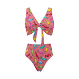 Colorful wrapped candy pattern Chest Bowknot High Waisted Bikini Swimsuit