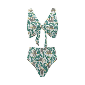 Cute sloths tropical palm leaves white background Chest Bowknot High Waisted Bikini Swimsuit