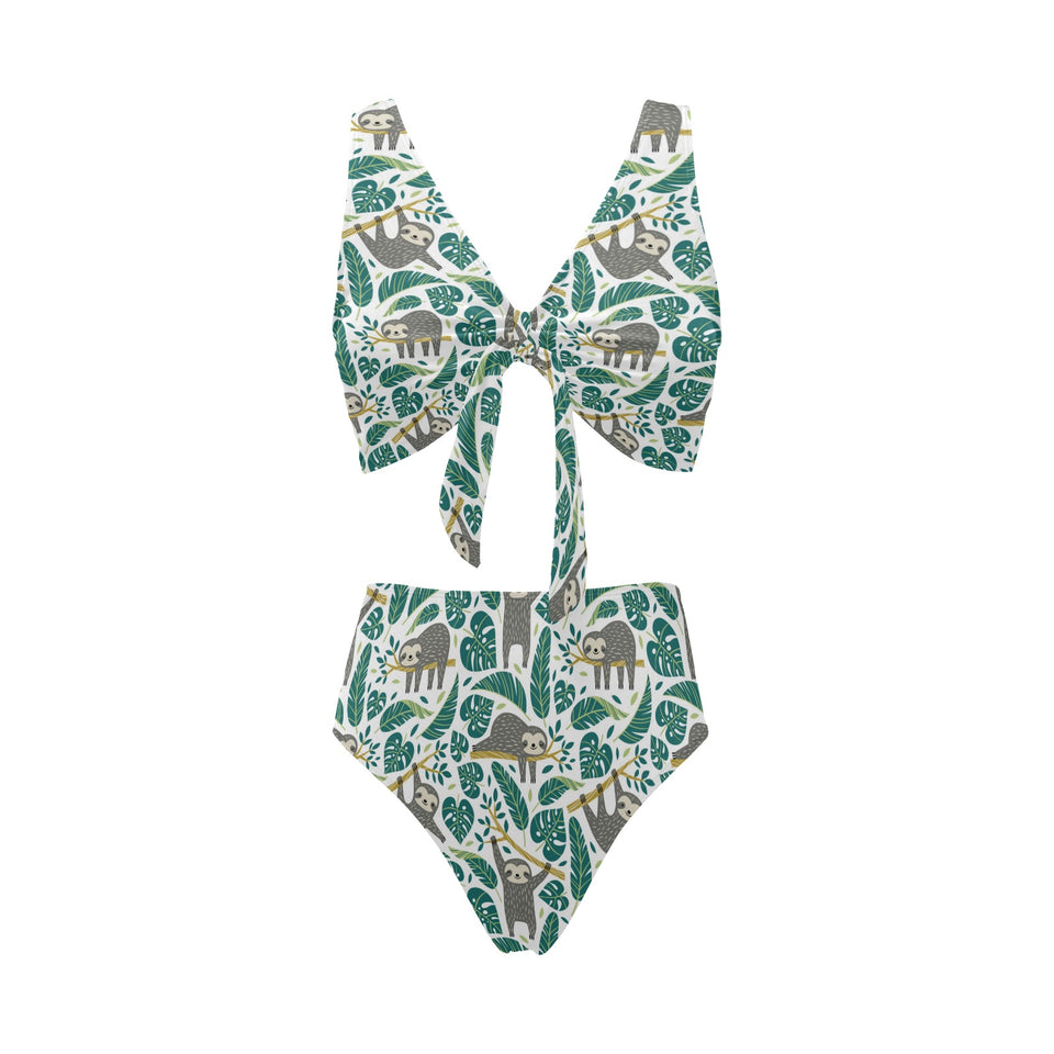 Cute sloths tropical palm leaves white background Chest Bowknot High Waisted Bikini Swimsuit