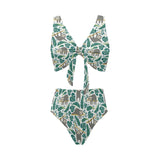 Cute sloths tropical palm leaves white background Chest Bowknot High Waisted Bikini Swimsuit