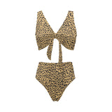 Leopard skin print Chest Bowknot High Waisted Bikini Swimsuit