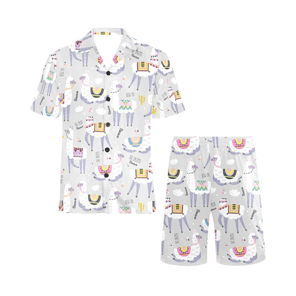 Cute Llama Alpaca pattern Men's V-Neck Short Pajama Set