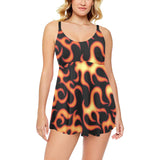 Fire flame dark pattern Chest Sexy Pleated Two Piece Swim Dress