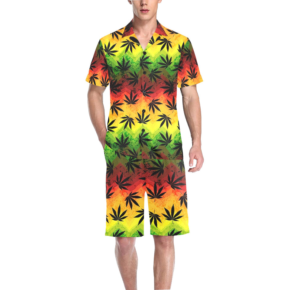 Canabis Marijuana Weed Pattern Print Design 03 Men's V-Neck Short Pajama Set