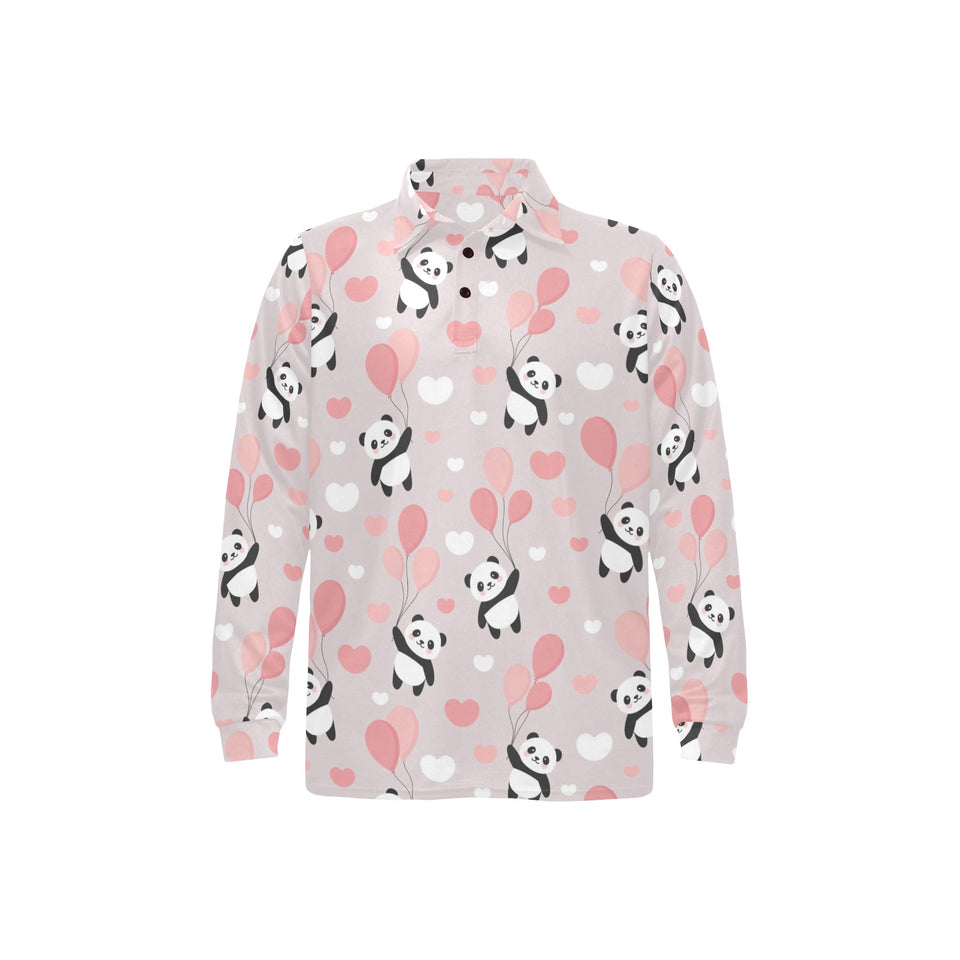Cute panda ballon heart pattern Men's Long Sleeve Polo Shirt