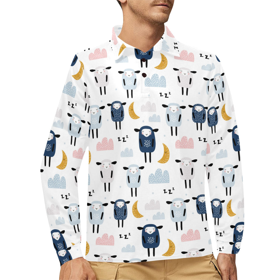 Cute sleeping sheep moon cloud pattern Men's Long Sleeve Polo Shirt