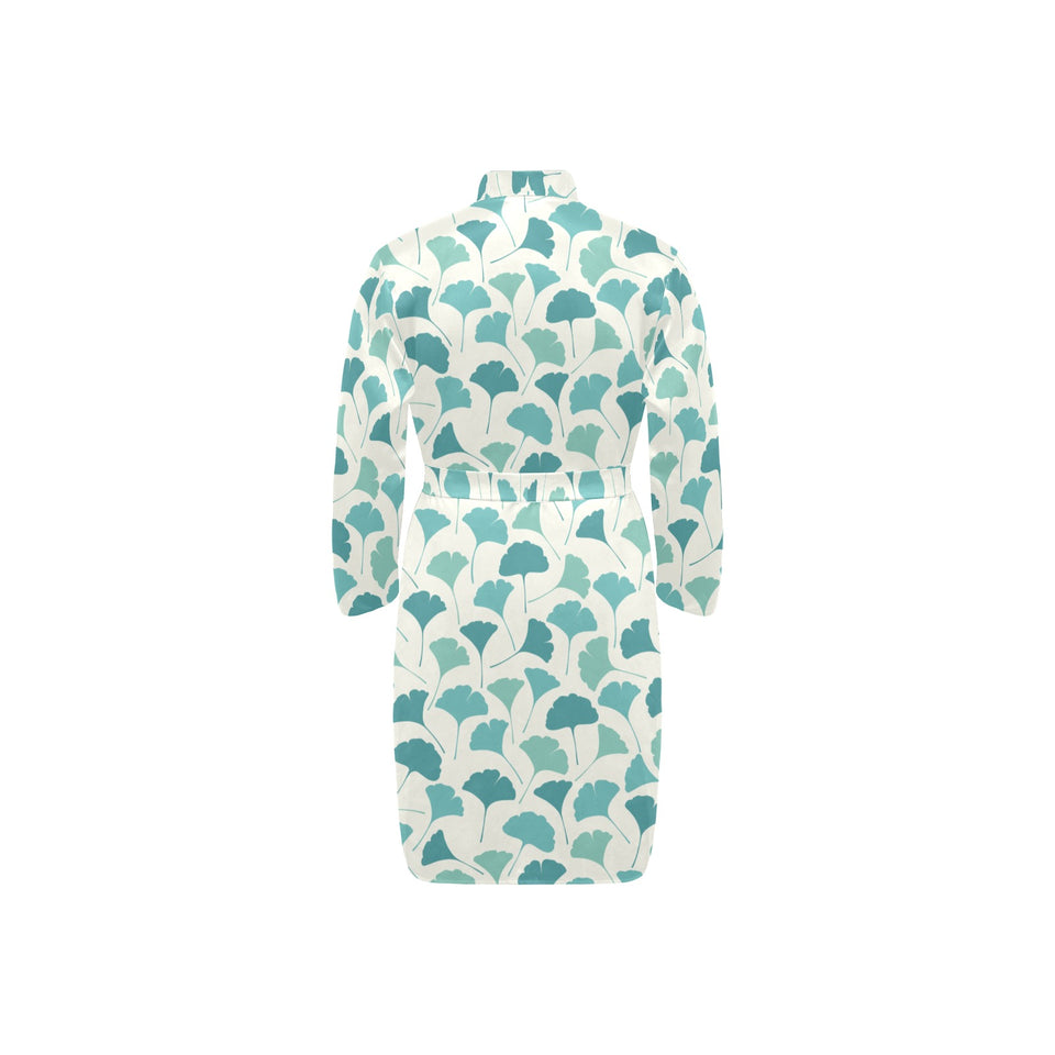 Green ginkgo leaves pattern Men's Long Sleeve Belted Night Robe