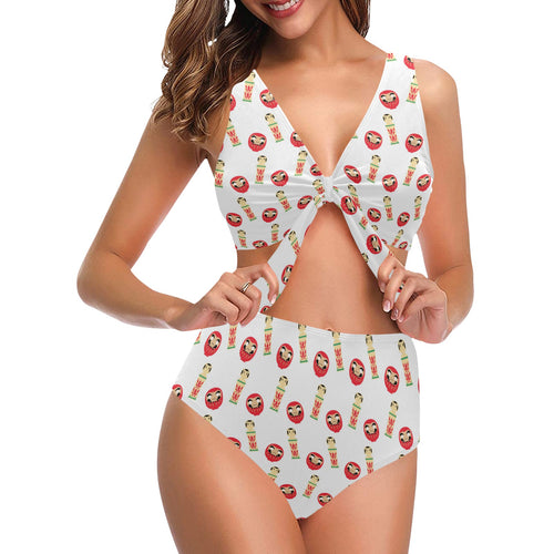 Daruma japanese wooden doll Chest Bowknot High Waisted Bikini Swimsuit
