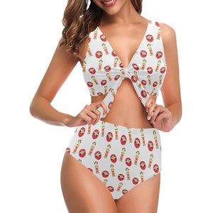 Daruma japanese wooden doll Chest Bowknot High Waisted Bikini Swimsuit