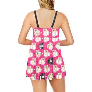 Guinea Pig Pattern Print Design 01 Chest Sexy Pleated Two Piece Swim Dress