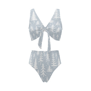 Christmas tree winter forest pattern Chest Bowknot High Waisted Bikini Swimsuit