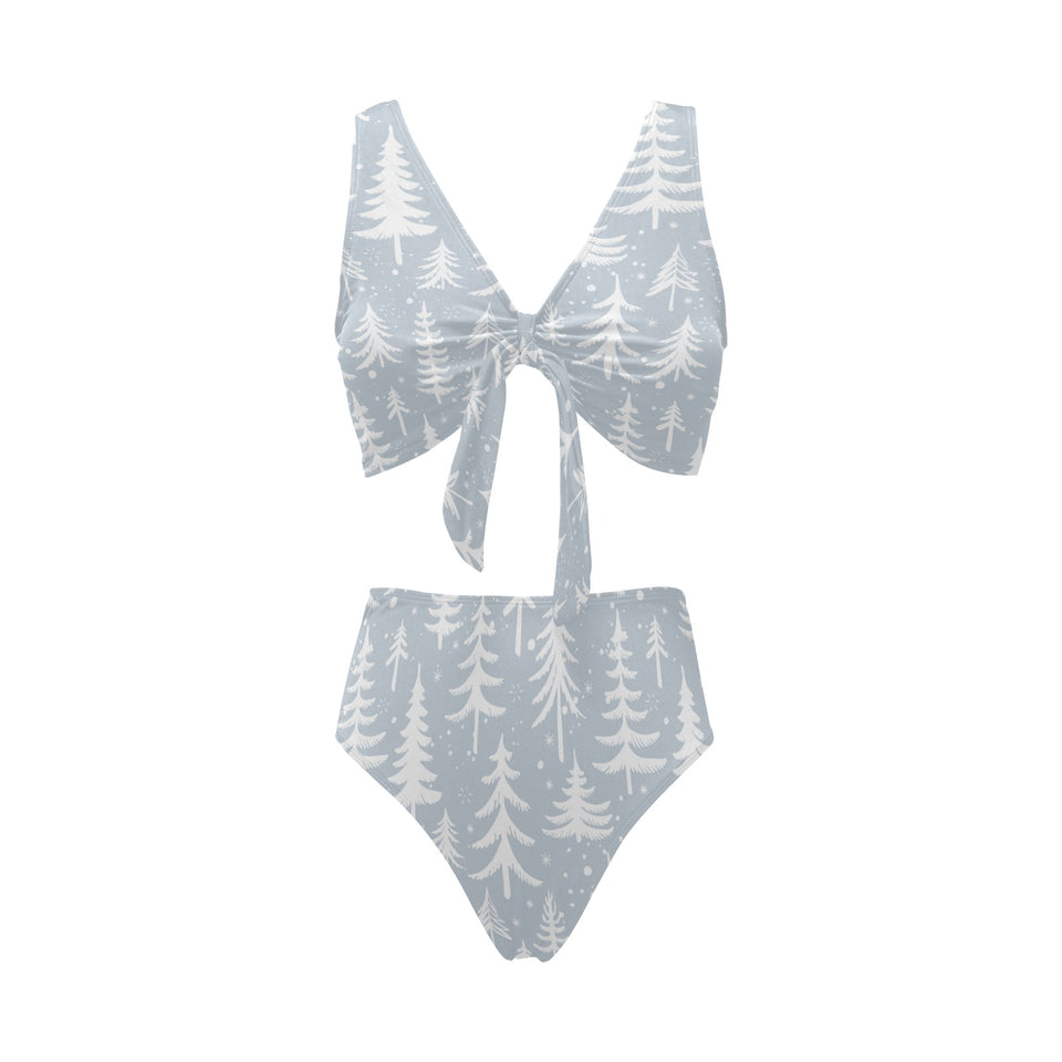 Christmas tree winter forest pattern Chest Bowknot High Waisted Bikini Swimsuit