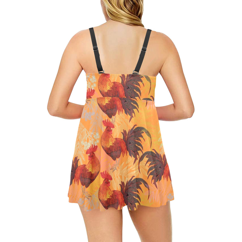 red rooster chicken cock pattern Chest Sexy Pleated Two Piece Swim Dress