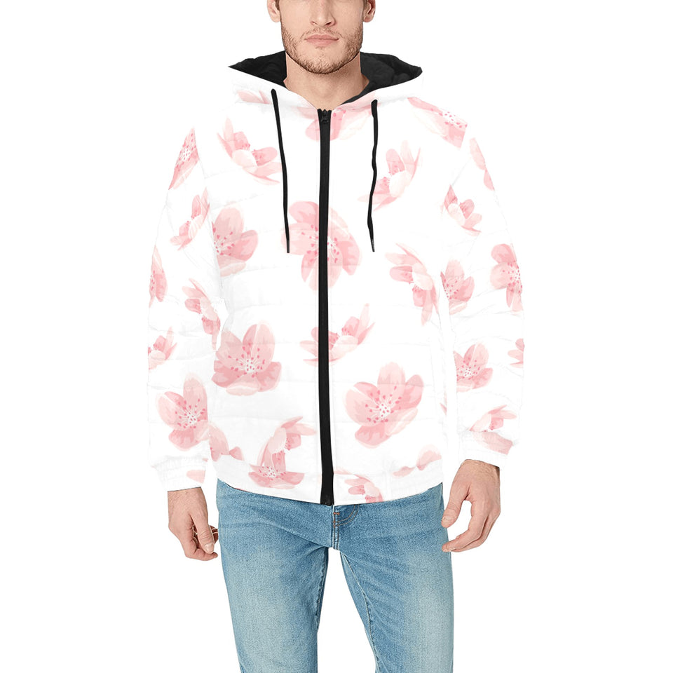 Pink sakura cherry blossom pattern Men's Padded Hooded Jacket