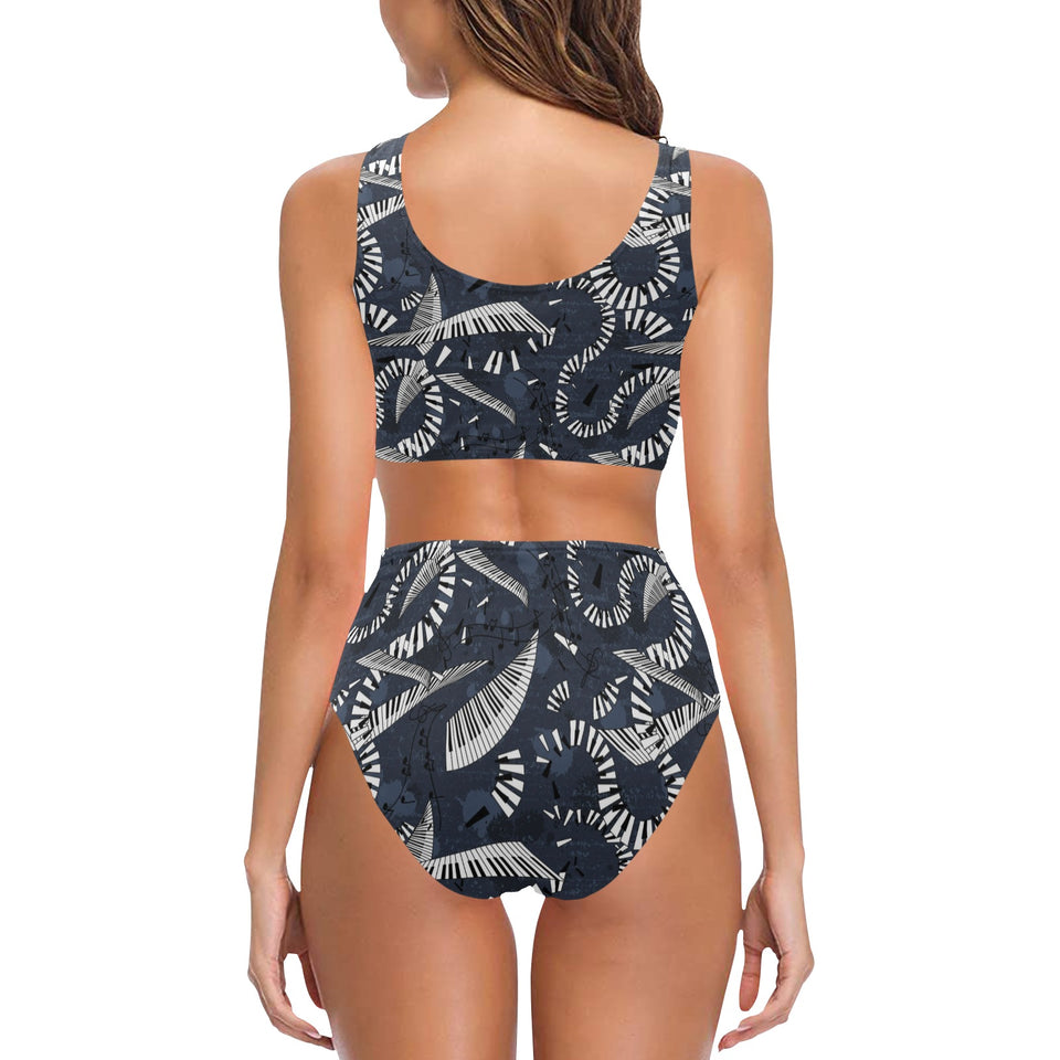 Piano Pattern Print Design 02 Chest Bowknot High Waisted Bikini Swimsuit