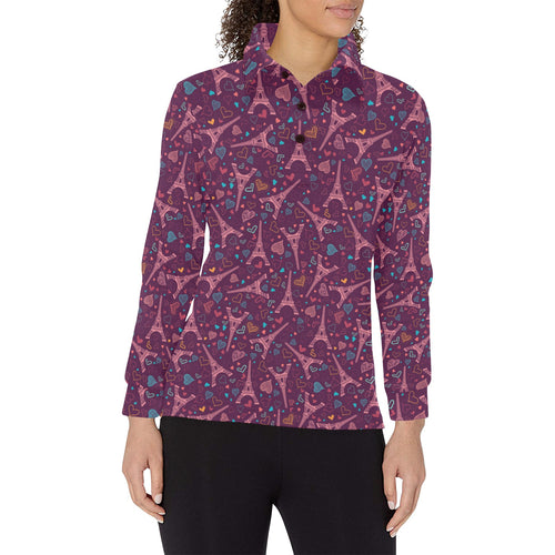 Eiffel Tower Heart Pattern Print Design 04 Women's Long Sleeve Polo Shirt