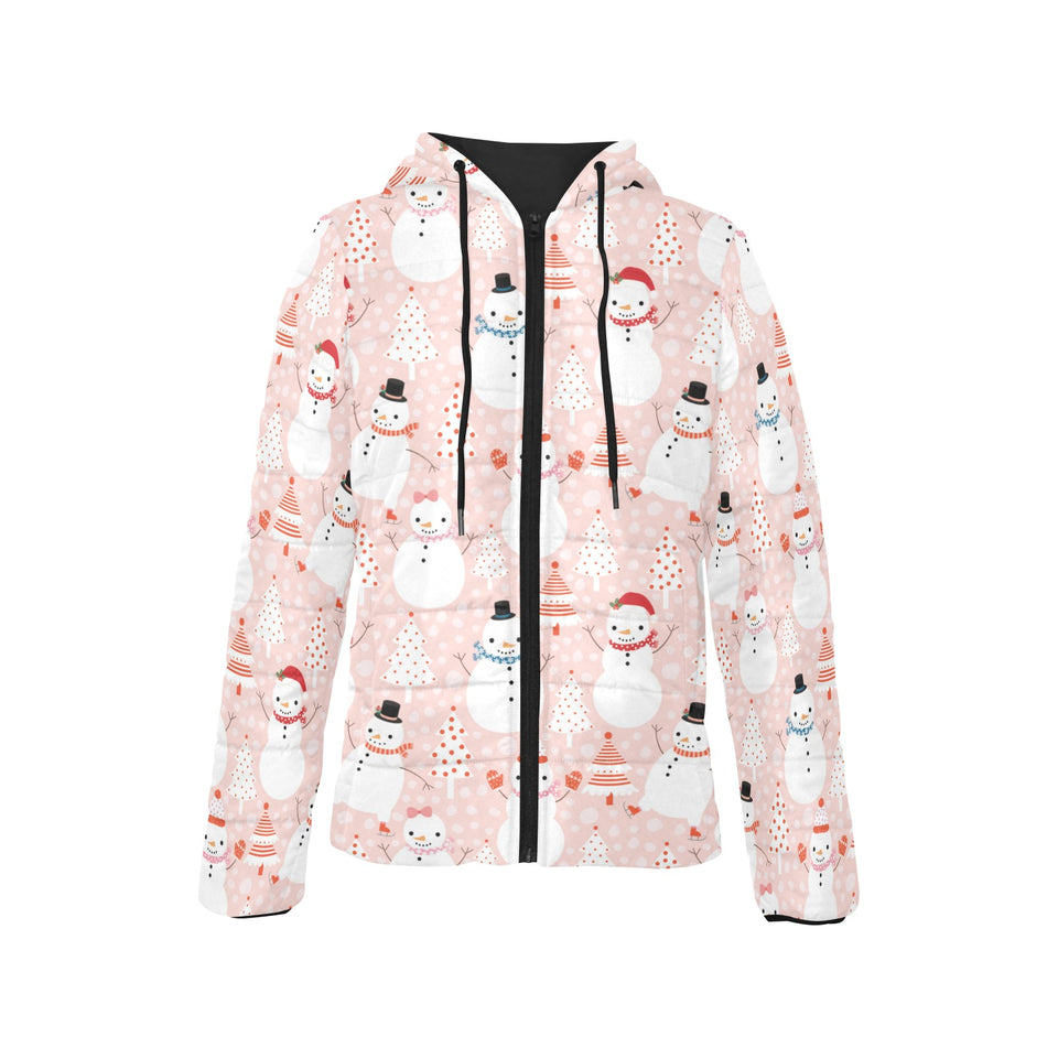 Cute snowman christmas tree snowpink background Women's Padded Hooded Jacket