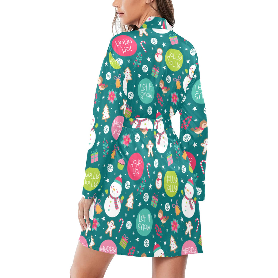 Snowman bird decorative elements christmas pattern Women's Long Sleeve Belted Night Robe