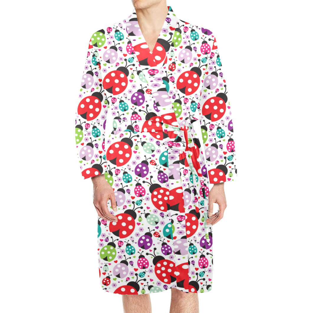 Ladybug Pattern Print Design 03 Men's Long Sleeve Belted Night Robe