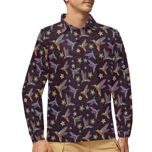 Hummingbird Pattern Print Design 04 Men's Long Sleeve Polo Shirt