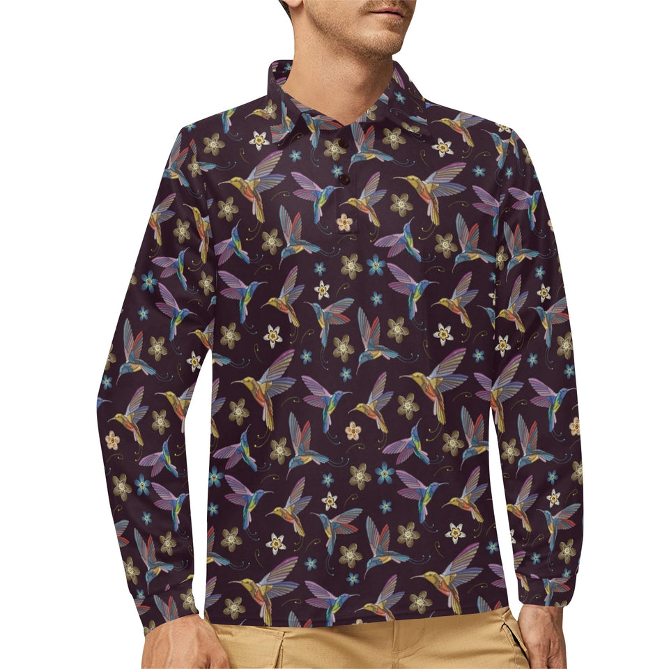 Hummingbird Pattern Print Design 04 Men's Long Sleeve Polo Shirt