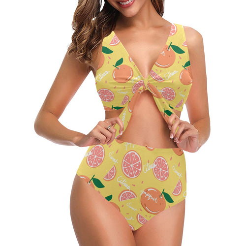 Grapefruit yellow background Chest Bowknot High Waisted Bikini Swimsuit