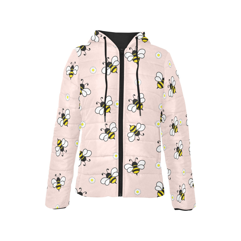 Cute bee flower pattern pink background Women's Padded Hooded Jacket