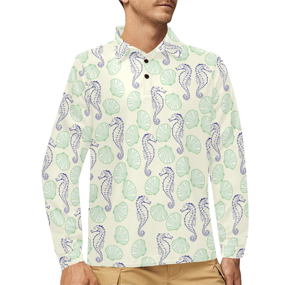 Seahorse shell pattern Men's Long Sleeve Polo Shirt