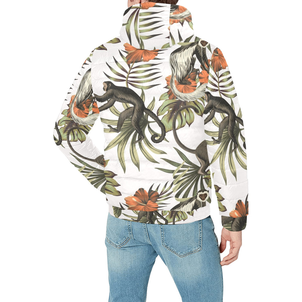 Monkey red hibiscus flower palm leaves floral patt Men's Padded Hooded Jacket