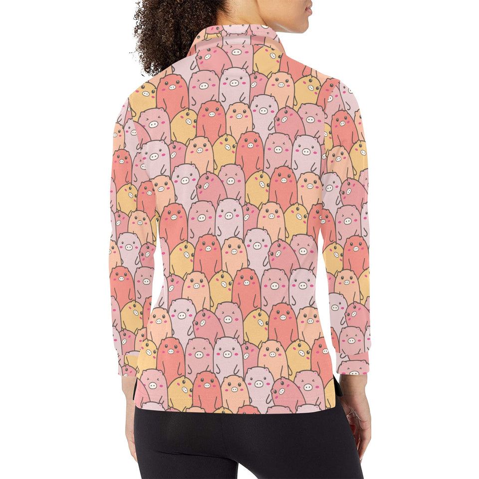 Pig Pattern Print Design 04 Women's Long Sleeve Polo Shirt