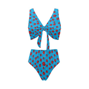 Ladybug Pattern Print Design 02 Chest Bowknot High Waisted Bikini Swimsuit